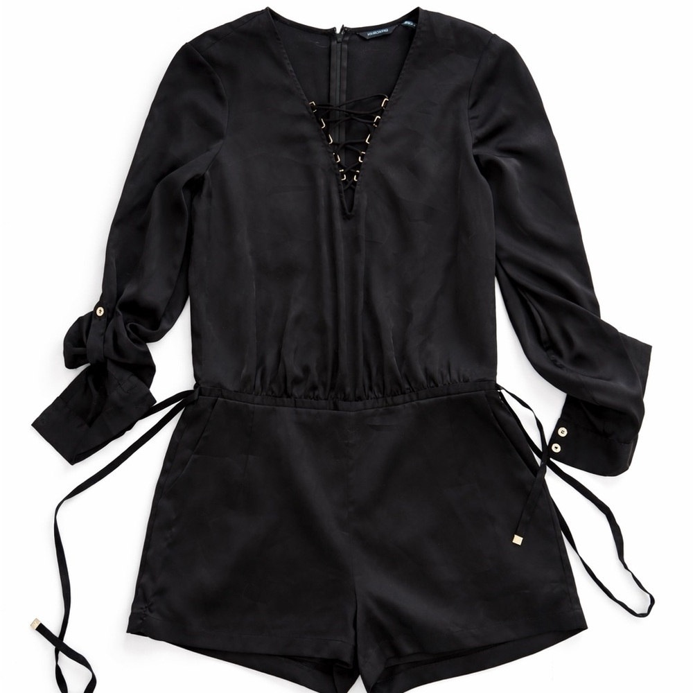 ✨ MARCIANO Black Satin Lace-Up Romper